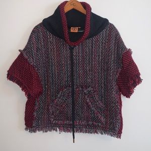 Tory Burch tweed funnel neck short sleeve sweater.  Lined.  Red, gray, purple, L